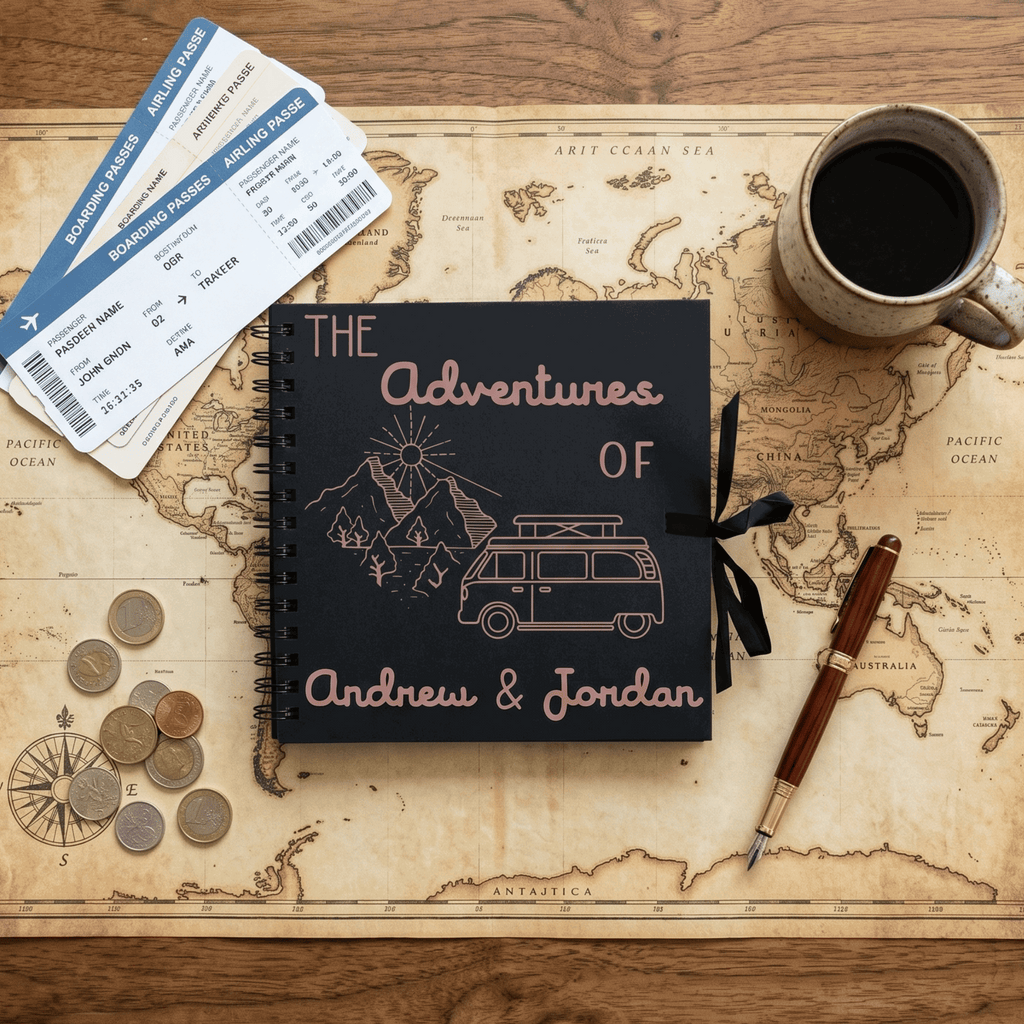 Personalised travel journal titled 'The Adventures of Andrew & Jordan' on a world map with coffee, pen, and tickets.