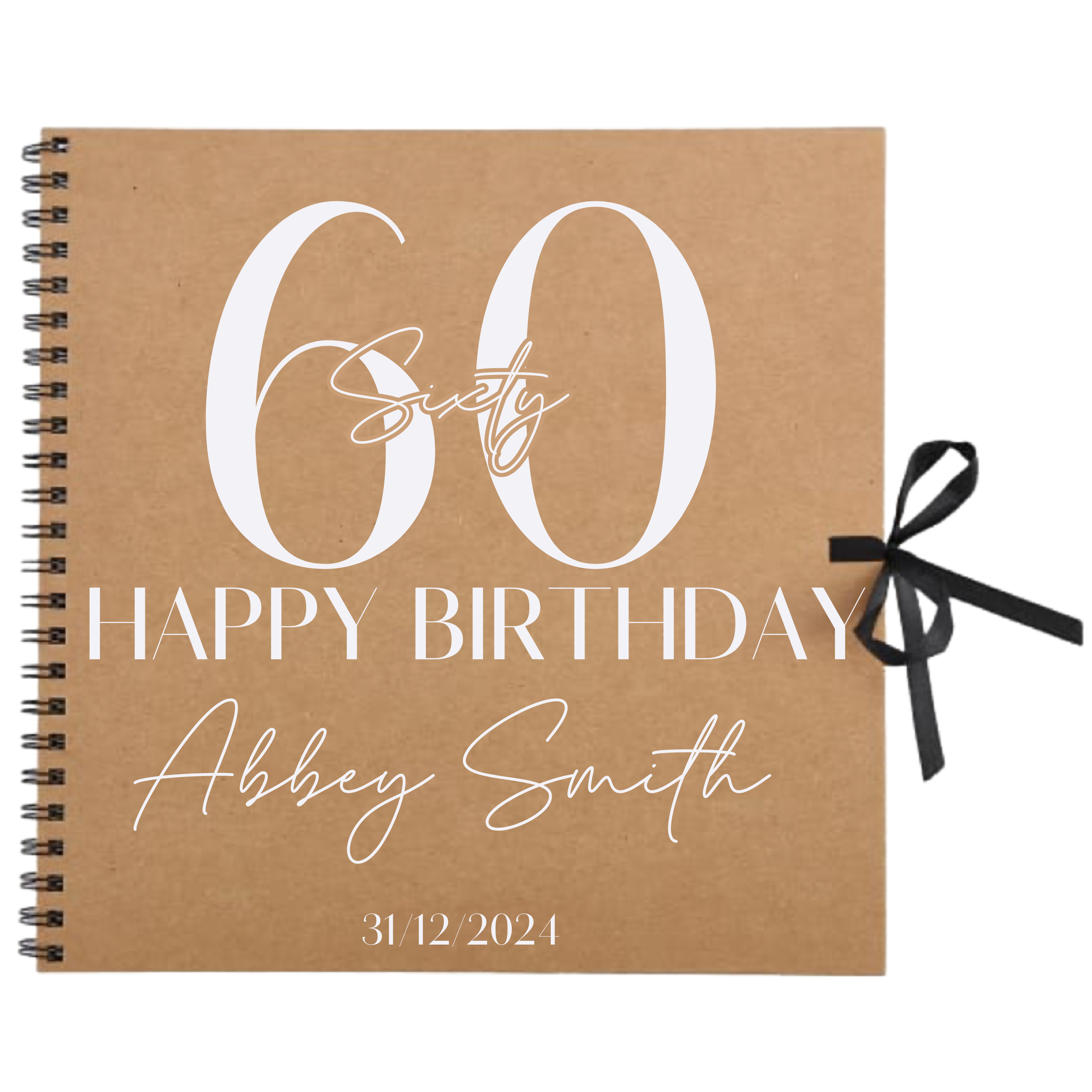 60th birthday scrapbook album in kraft cover with white text, name, and date