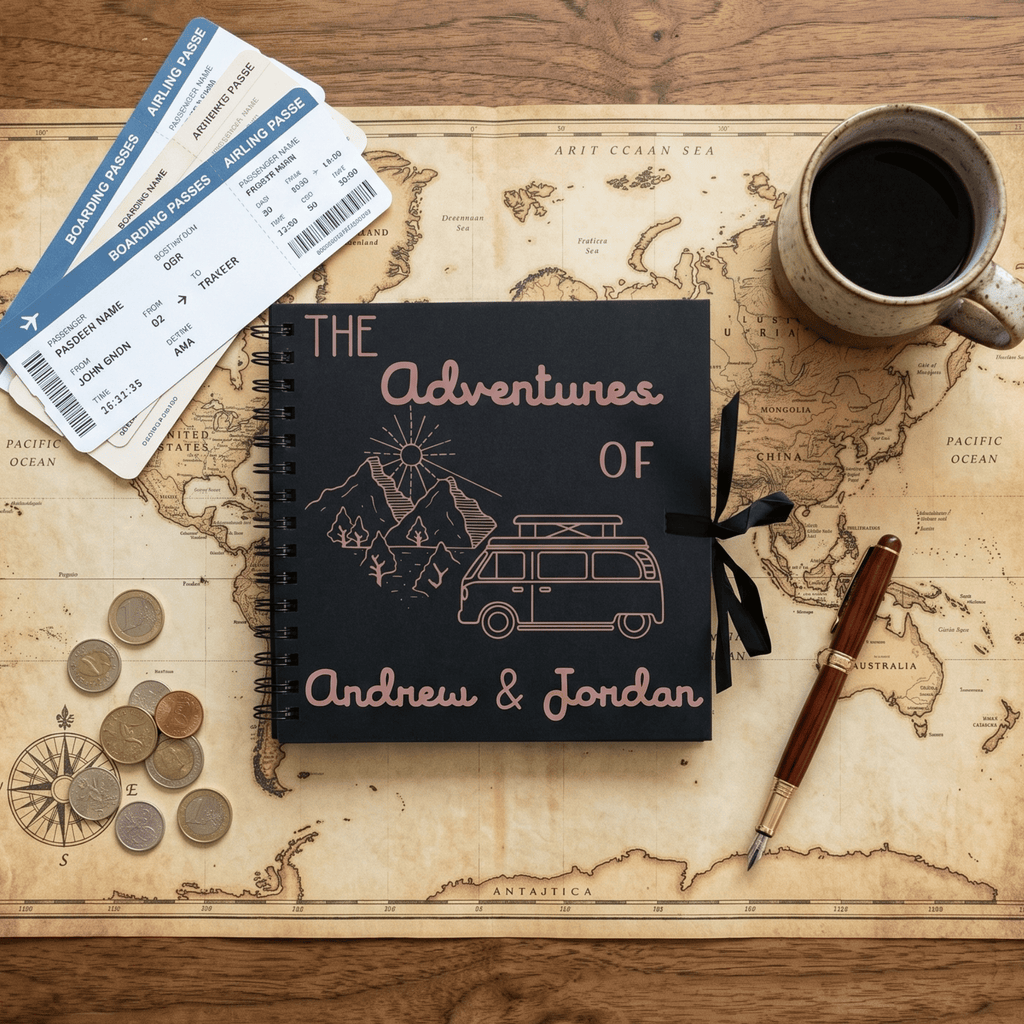 Personalised travel journal titled 'The Adventures of Andrew & Jordan' on a world map with coffee, pen, and tickets.