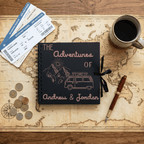 Personalised travel journal titled 'The Adventures of Andrew & Jordan' on a world map with coffee, pen, and tickets.