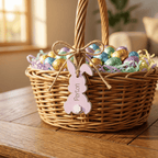 Wicker Easter basket with colorful eggs and a pink bunny tag on a wooden table.