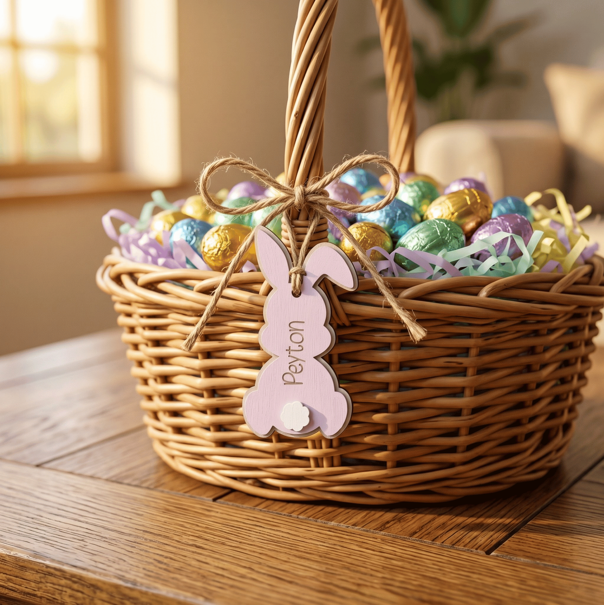 Wicker Easter basket with colorful eggs and a pink bunny tag on a wooden table.