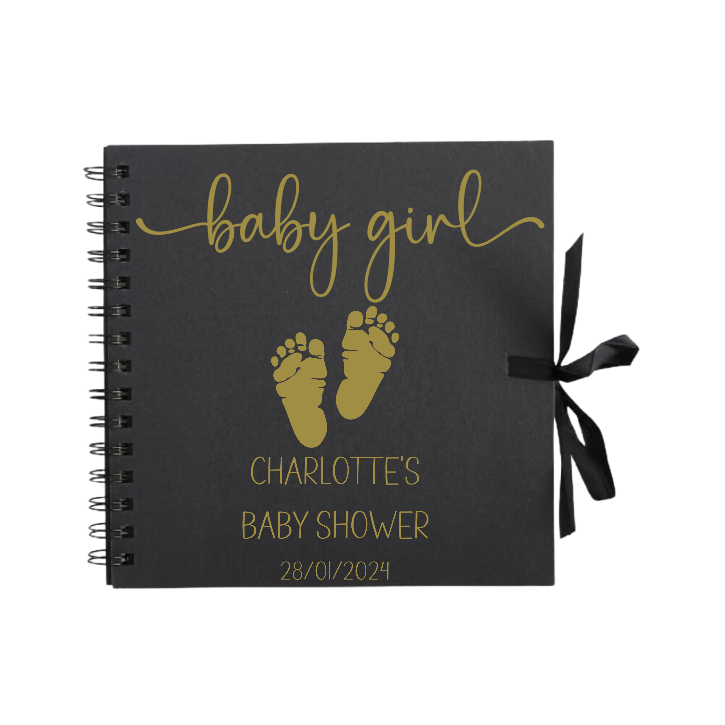 Black baby girl scrapbook with gold script and gold baby footprints – personalised baby shower gift for Charlotte, dated 28/01/2024.
