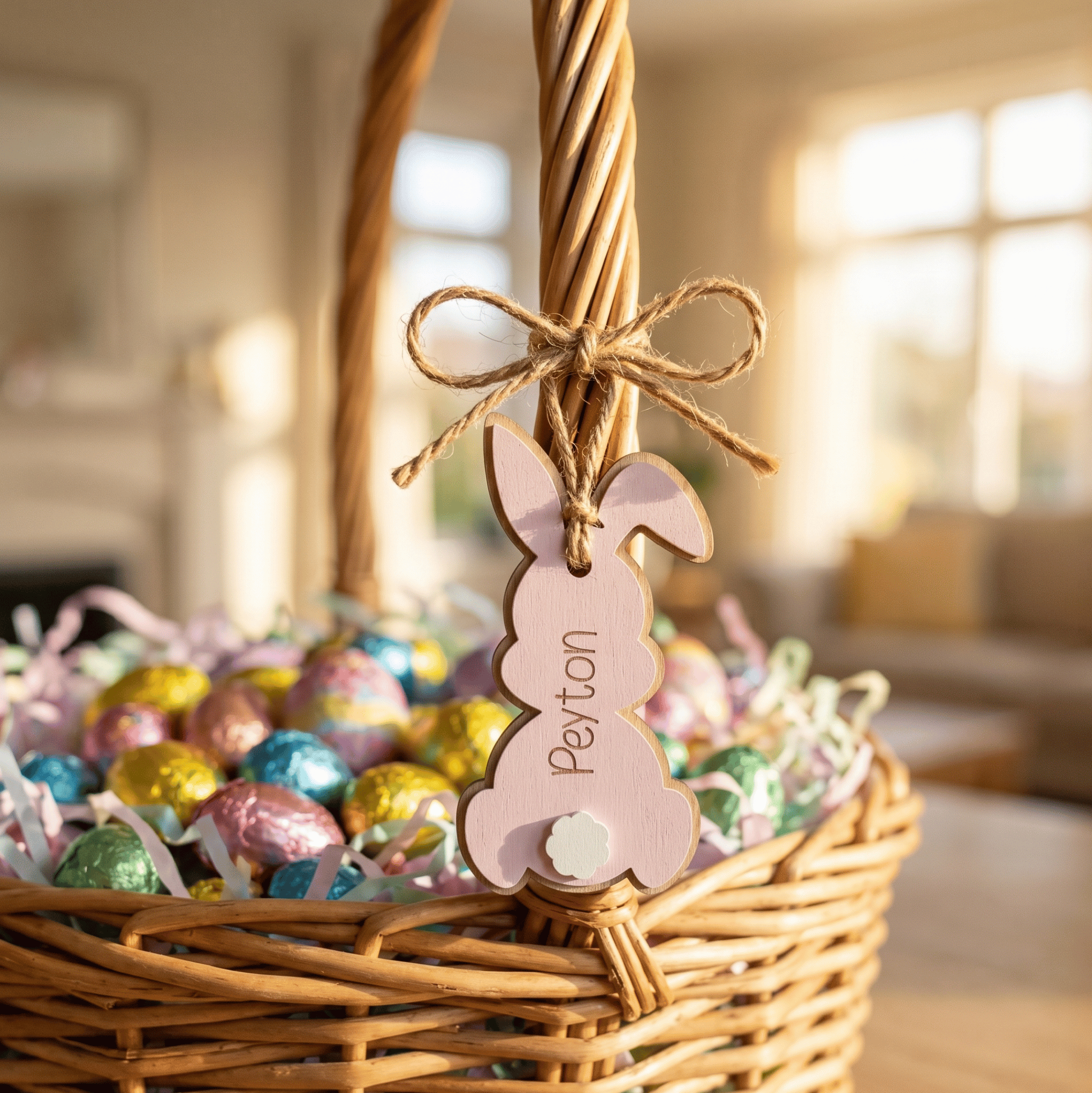 Easter basket with colorful eggs and a pink bunny-shaped tag with 'Peyton' on it.