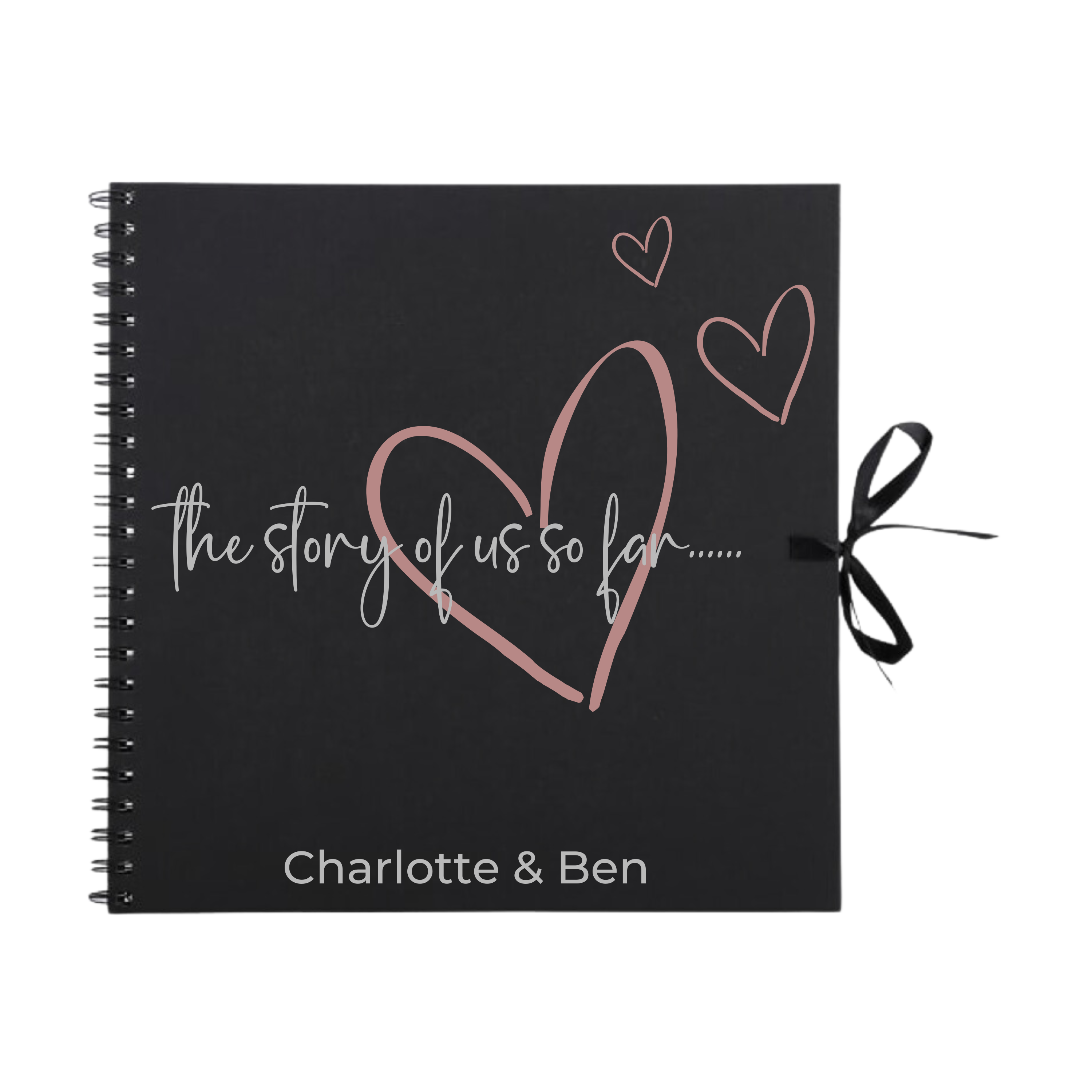 Black personalised scrapbook with soft pink heart accents and custom couple names, romantic gift idea