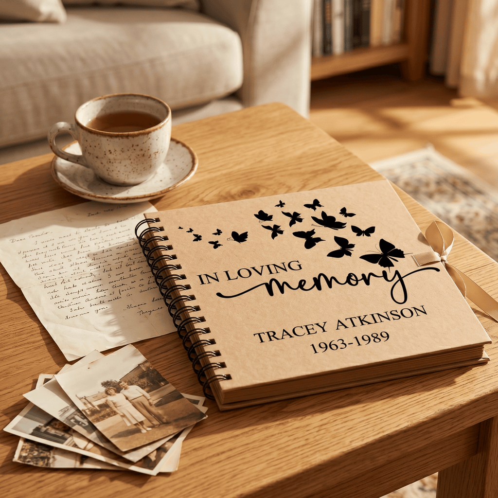 Memorial book with butterfly design on a wooden table with a cup of coffee and photos.