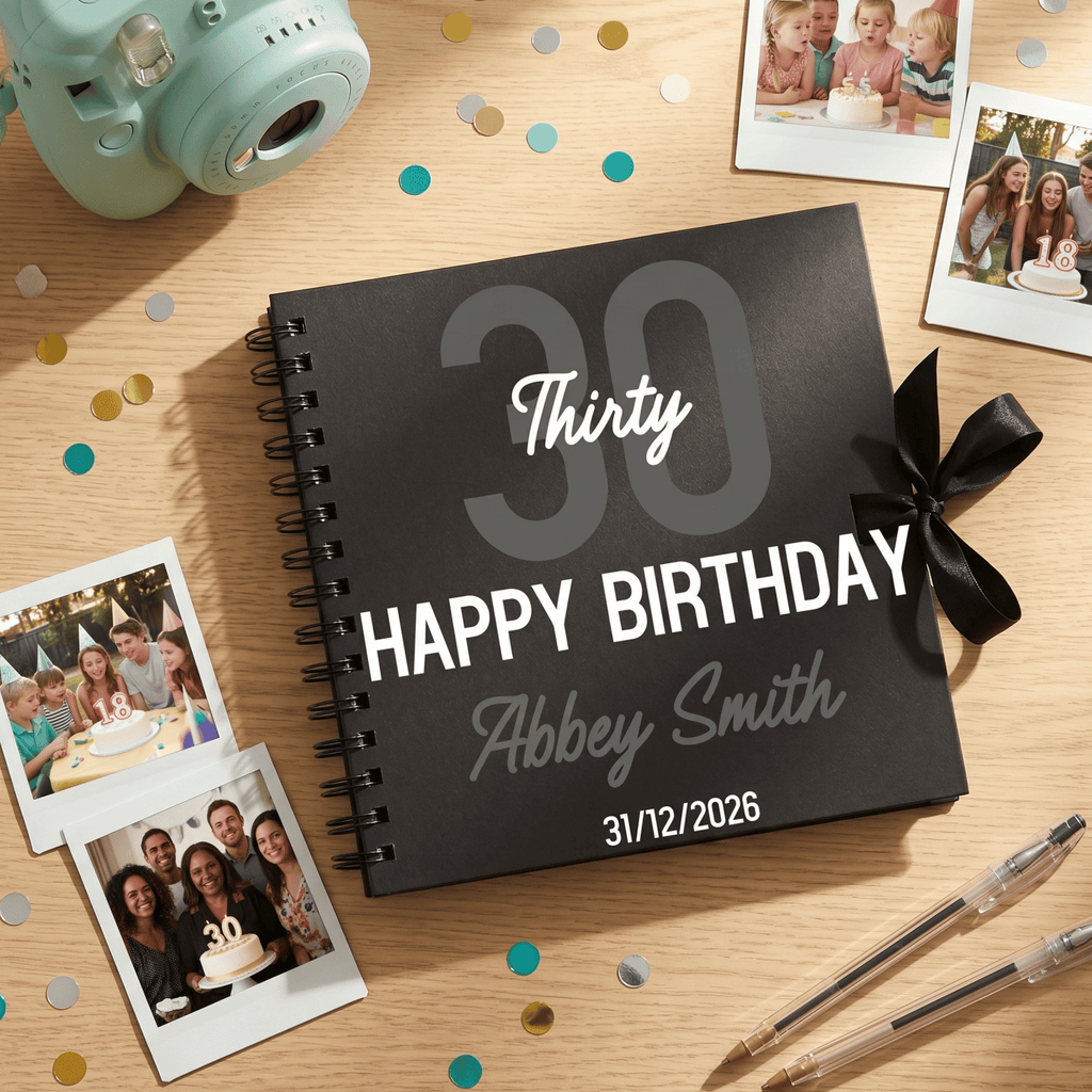 Personalised birthday album with photos and confetti on a wooden surface