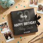 Personalised birthday album with photos and confetti on a wooden surface
