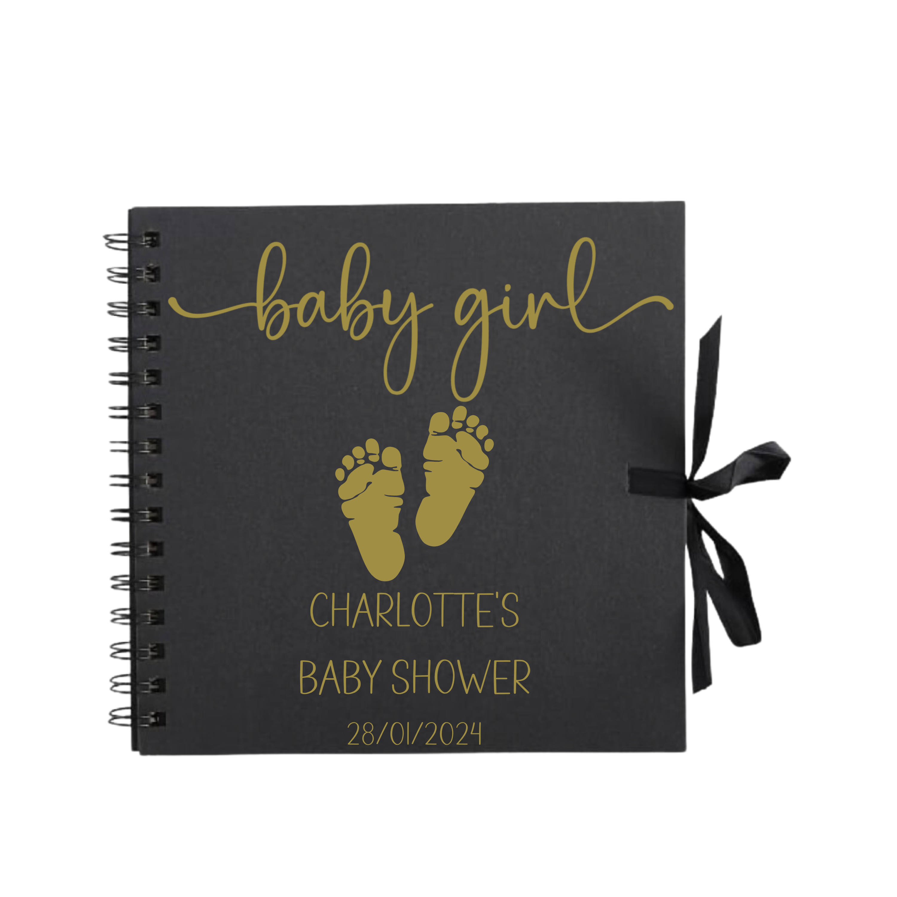 Black baby girl scrapbook with gold script and gold baby footprints – personalised baby shower gift for Charlotte, dated 28/01/2024.