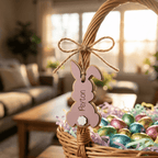 Wicker Easter basket with colorful eggs and a bunny-shaped name tag in a home setting.
