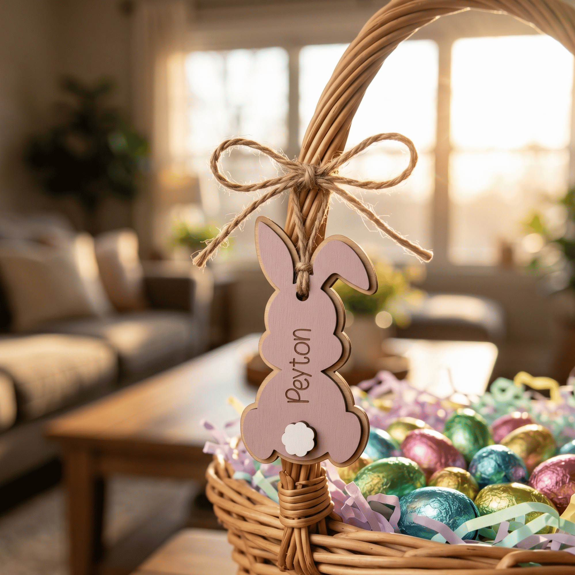 Wicker Easter basket with colorful eggs and a bunny-shaped name tag in a home setting.