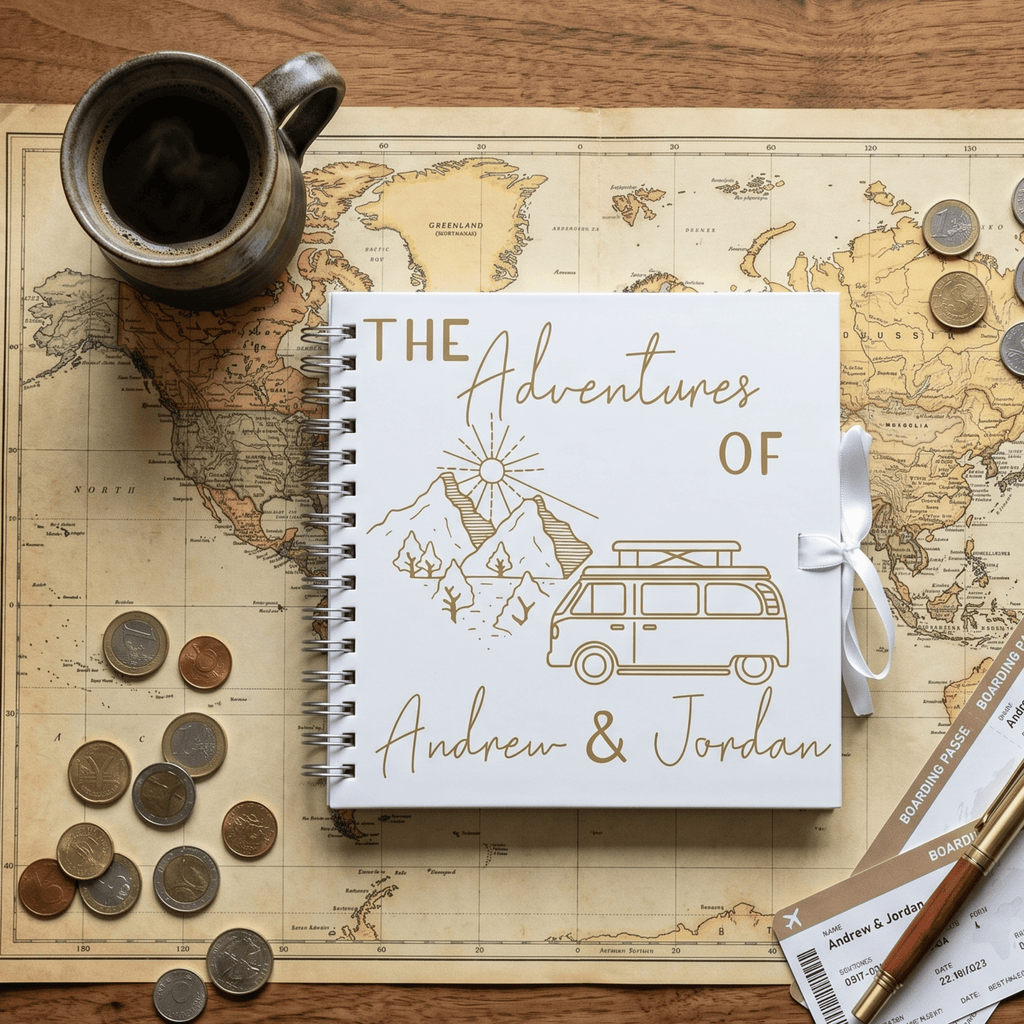 Personalised travel journal titled 'The Adventures of Andrew & Jordan' on a world map with coins and a mug.