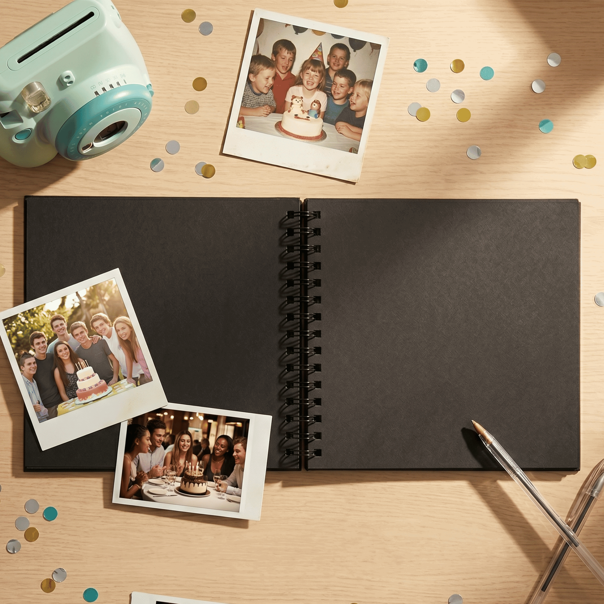 Black spiral-bound album with photos of a family celebration on a wooden surface.