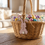 Wicker Easter basket with colorful eggs and a pink bunny tag on a wooden table.