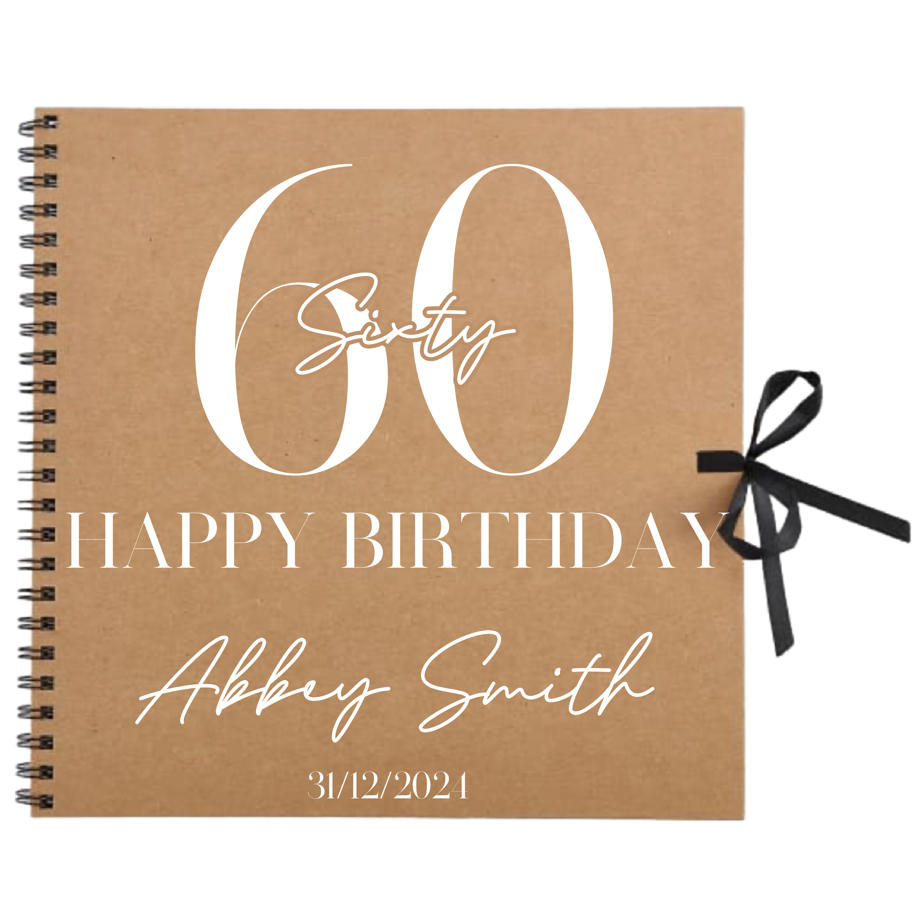 60th birthday scrapbook album in kraft cover with white text, name, and date
