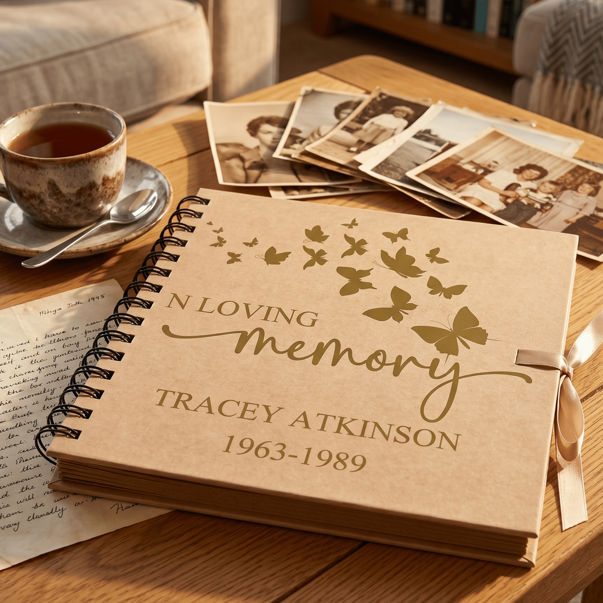 Memorial book for Tracey Atkinson with butterfly design on a wooden table with photos and a cup of tea.