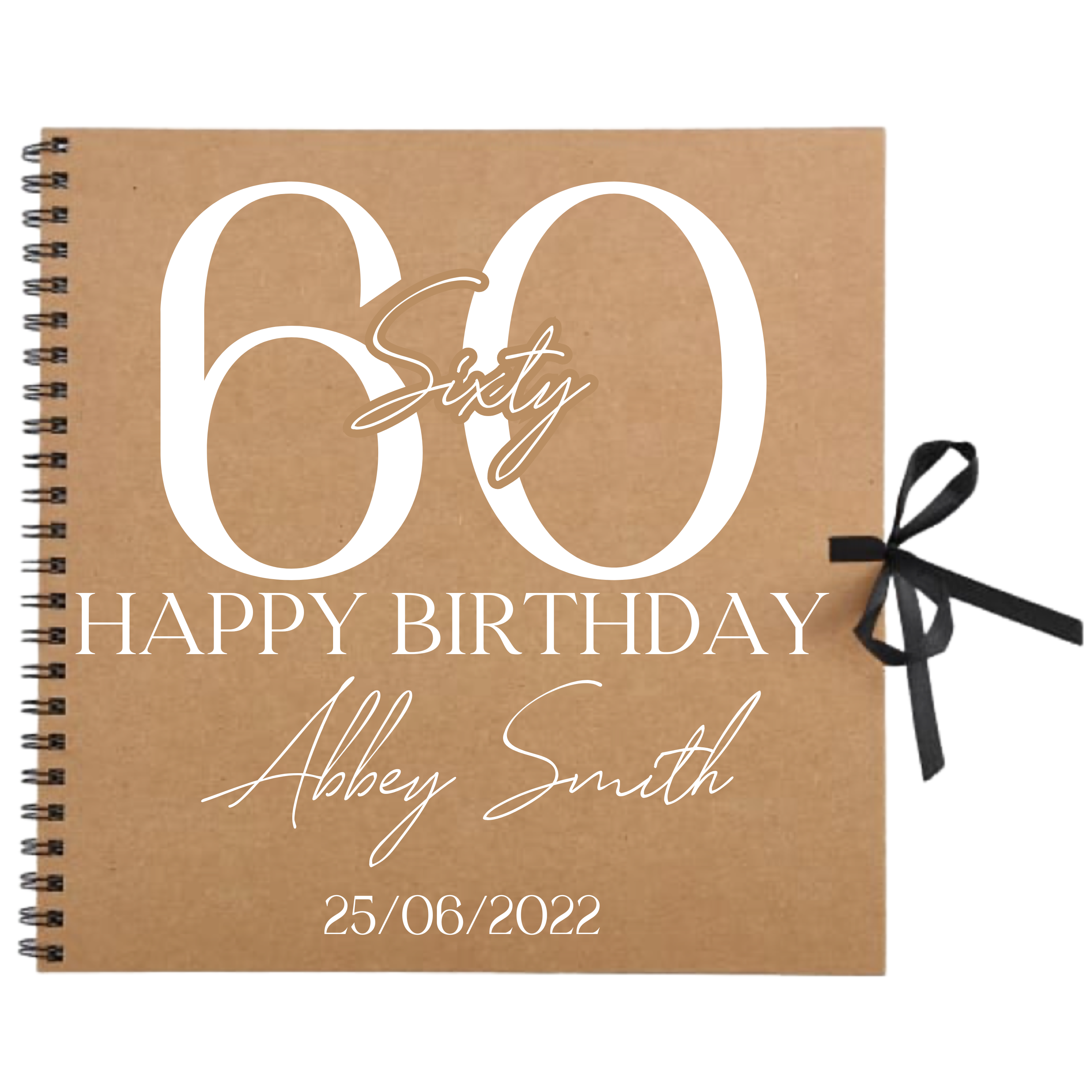 60th birthday scrapbook album in kraft cover with white text, name, and date