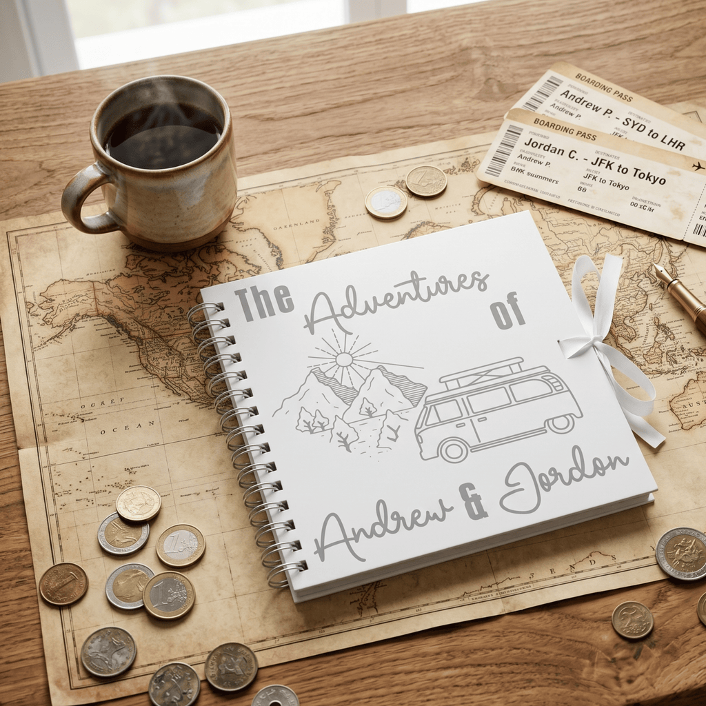 Album titled 'The Adventures of Andrew & Jordan' on a wooden table with coins and a mug.