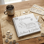Album titled 'The Adventures of Andrew & Jordan' on a wooden table with coins and a mug.