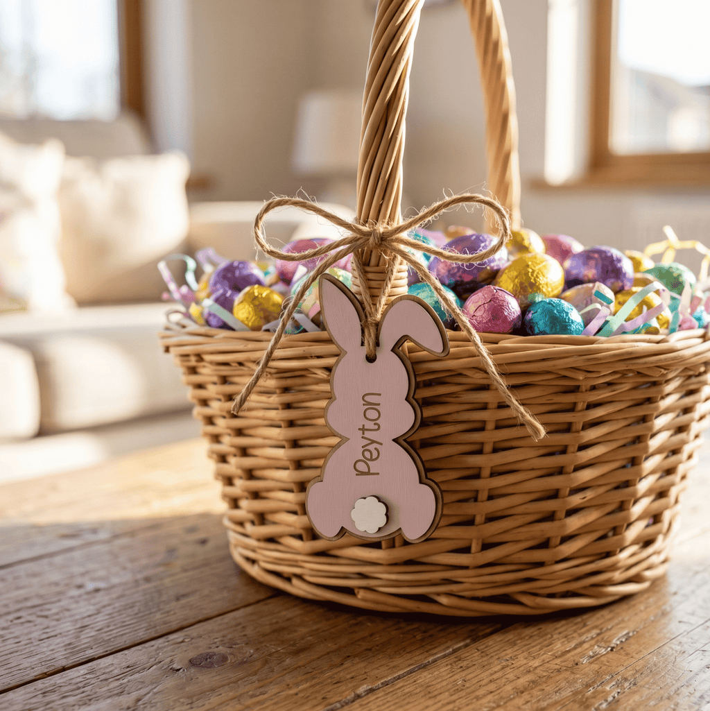Wicker Easter basket with colorful eggs and a pink bunny tag on a wooden table.