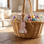 Wicker Easter basket with colorful eggs and a pink bunny tag on a wooden table.
