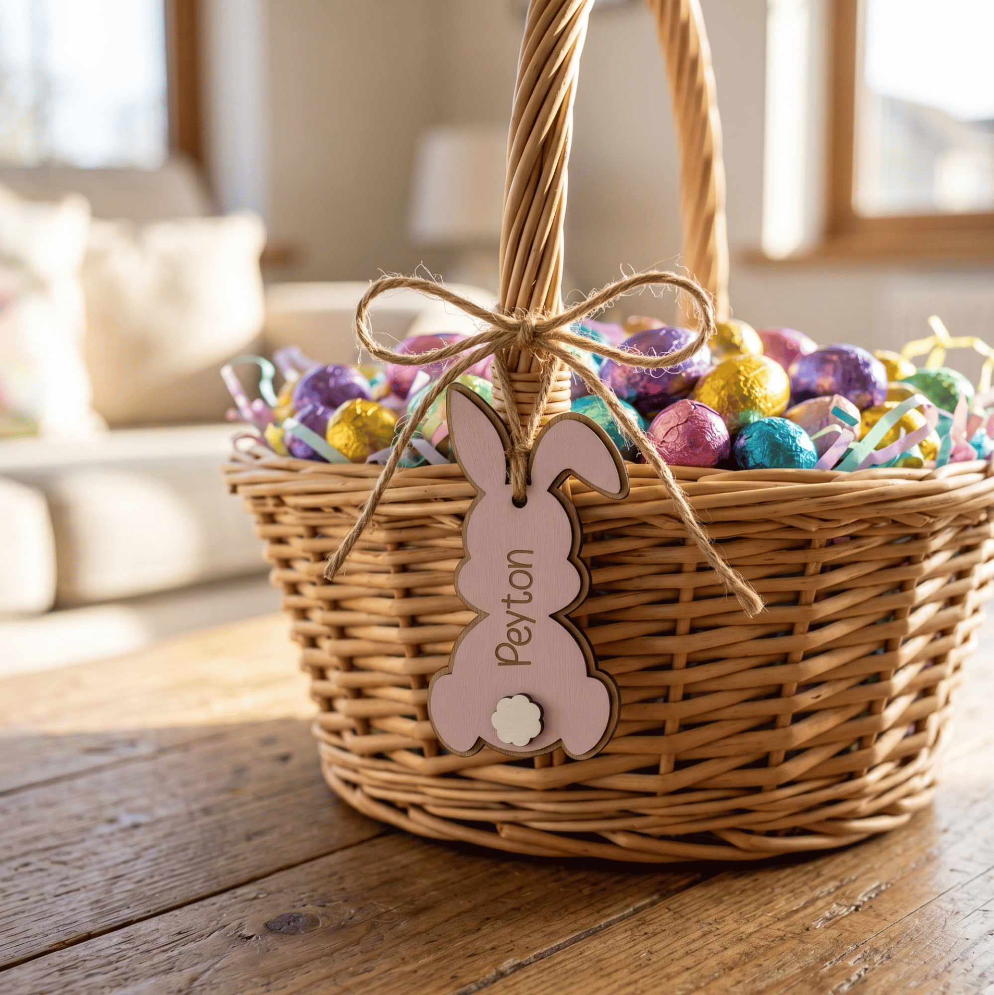 Wicker Easter basket with colorful eggs and a pink bunny tag on a wooden table.
