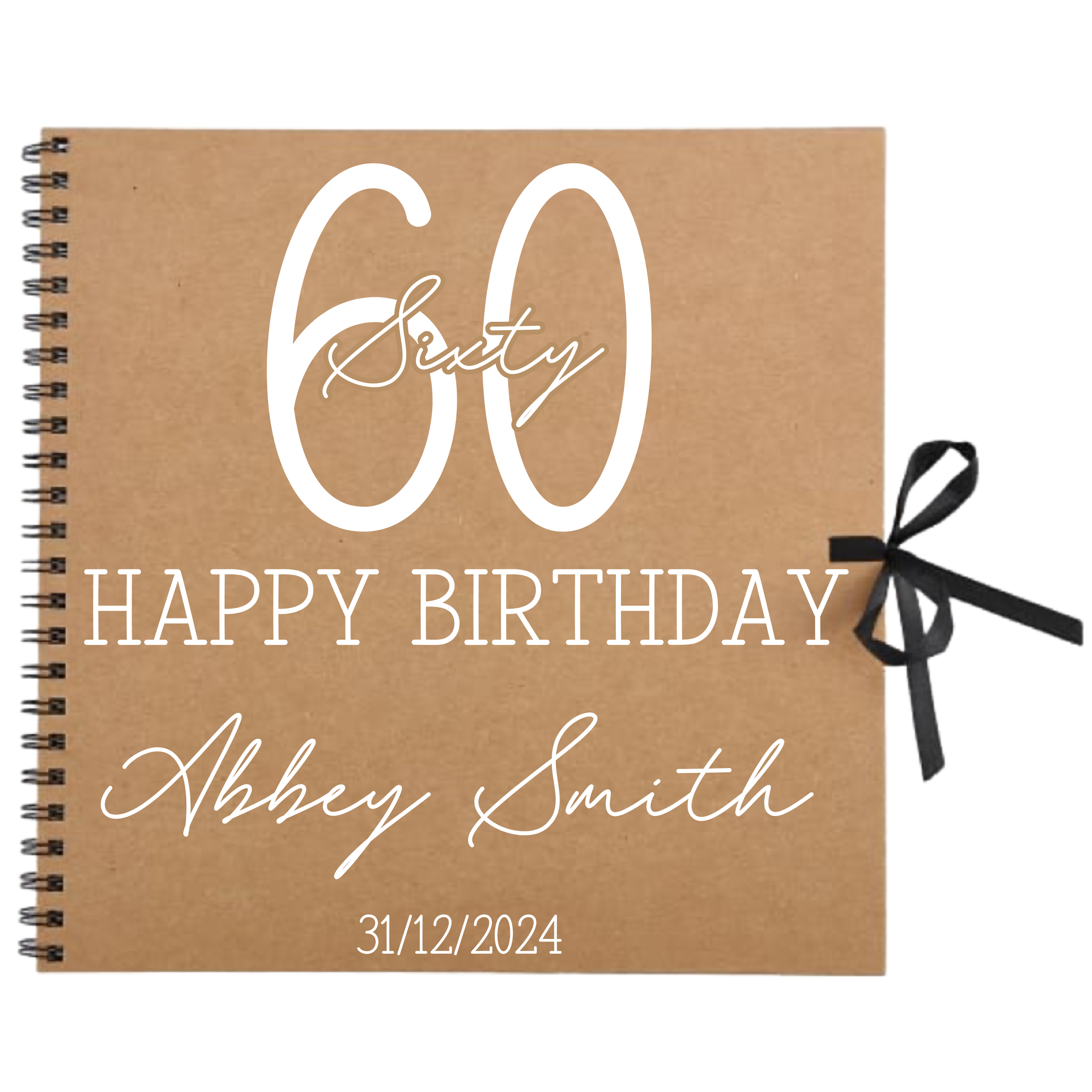 60th birthday scrapbook album in kraft cover with white text, name, and date