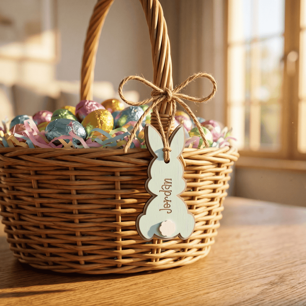 Wicker Easter basket with colorful eggs and a bunny-shaped tag on a wooden table.