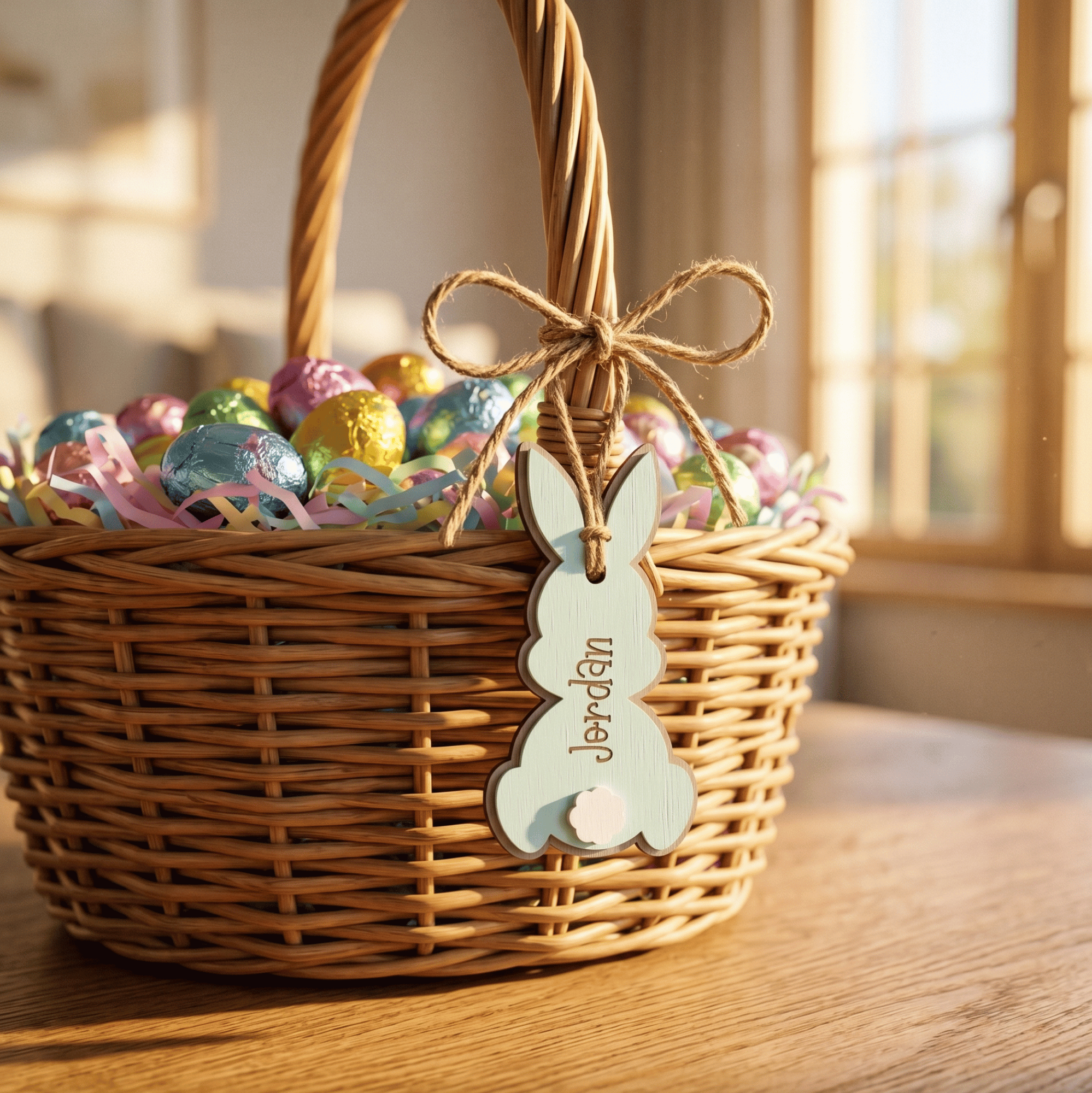 Wicker Easter basket with colorful eggs and a bunny-shaped tag on a wooden table.