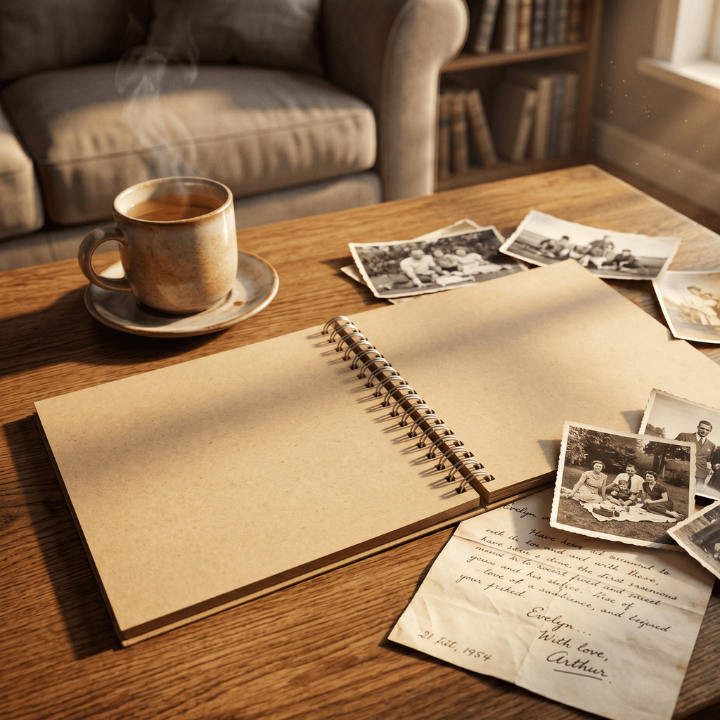 Open Albumwith vintage photos and a steaming cup of coffee on a wooden table.