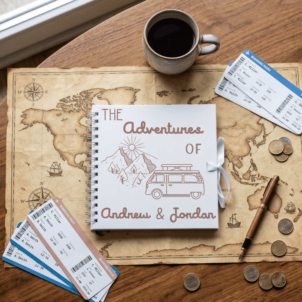 Album titled 'The Adventures of Andrew & Jordan' on a world map with coffee, tickets, and coins.