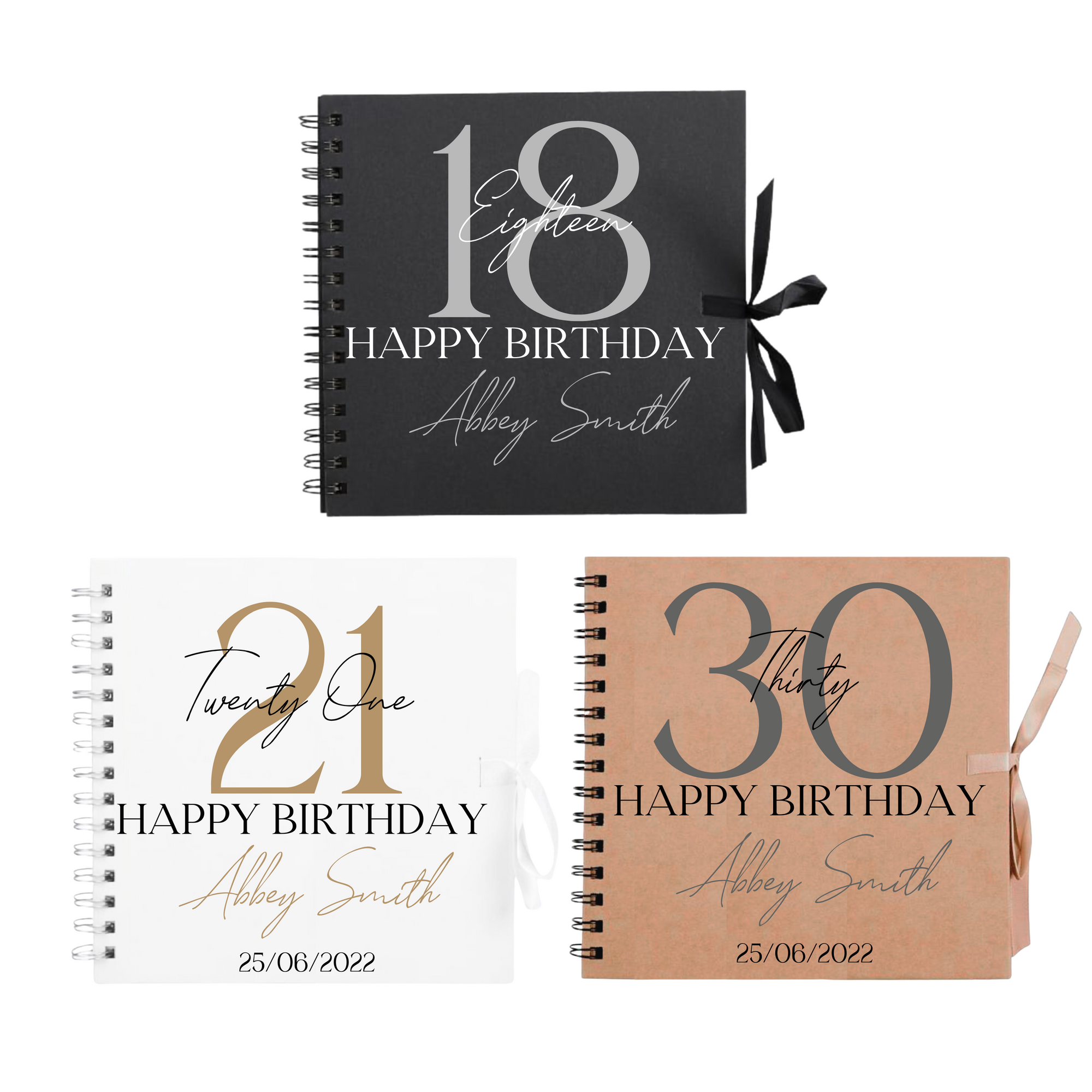 Three personalised birthday scrapbook albums for 18th, 21st, and 30th birthdays, featuring names and dates on black, white, and kraft covers
