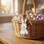 Wicker Easter basket with colorful eggs and a bunny tag on a wooden table.