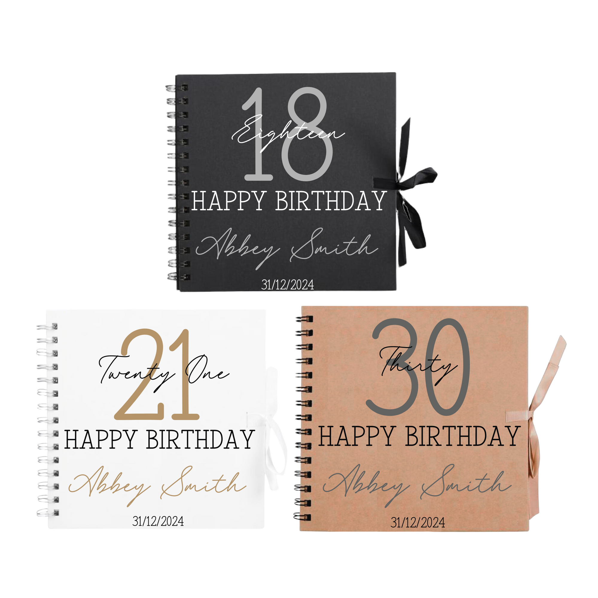 Three personalised birthday scrapbook albums for 18th, 21st, and 30th birthdays, featuring names and dates on black, white, and kraft covers