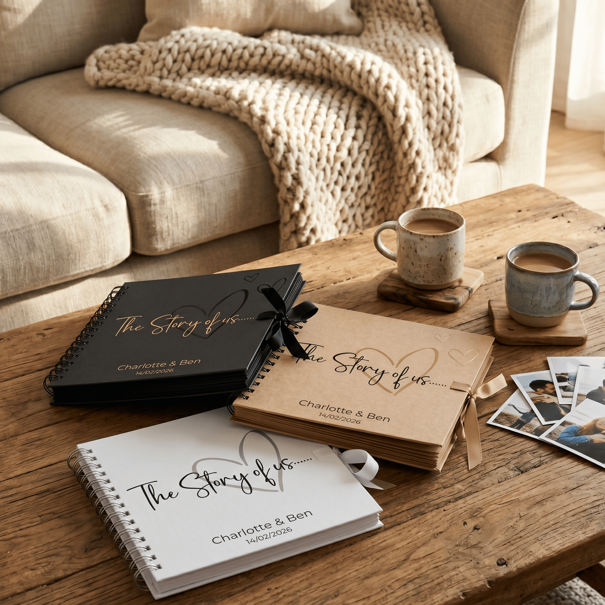 Personalised photo books titled 'The Story of Us' on a wooden table with coffee cups and a blanket in the background.