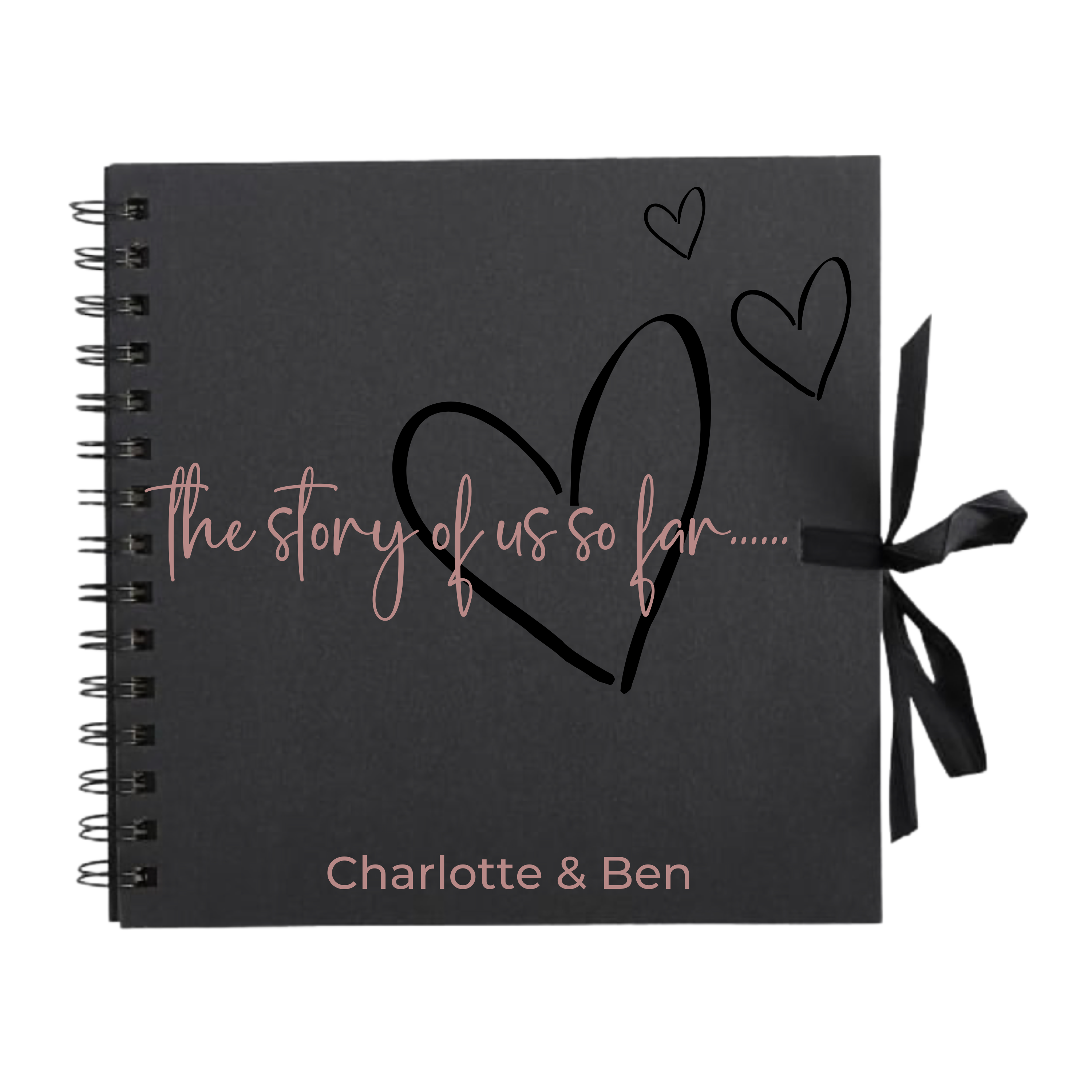 Black personalised photo album with black  hearts and “The story of us” quote – handmade romantic gift