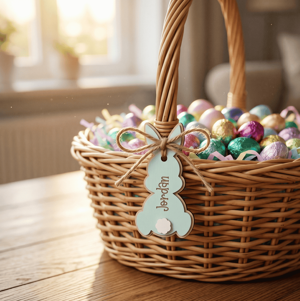 Wicker Easter basket filled with colorful eggs on a wooden table.