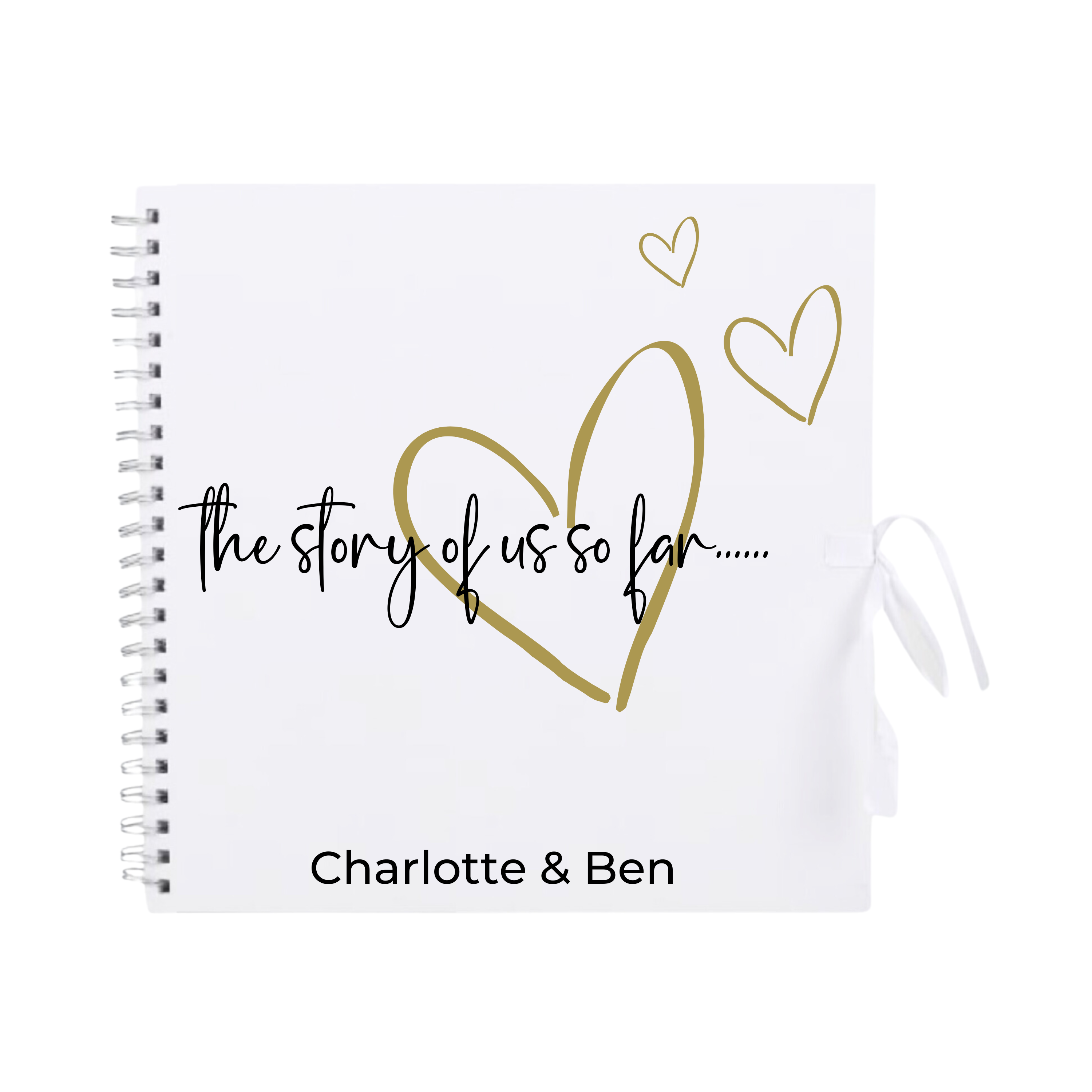 White scrapbook album with gold heart illustrations and custom couple name for Valentine's or anniversary
