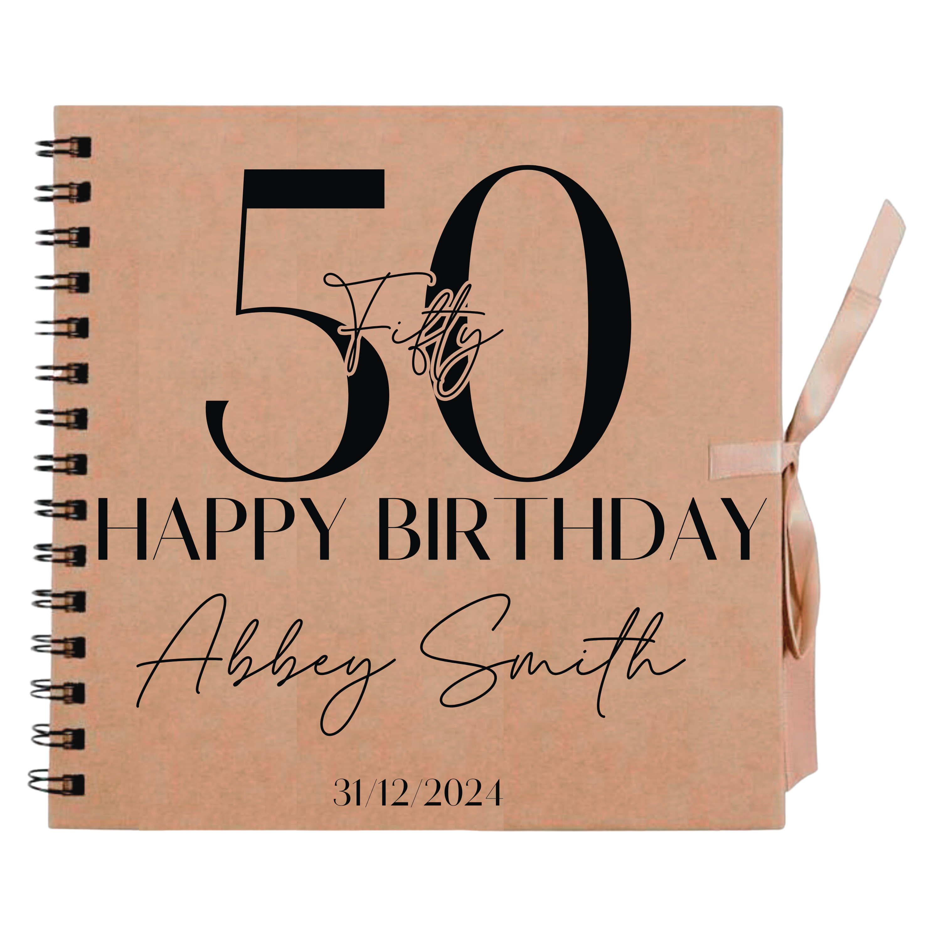Personalised 50th birthday scrapbook album in kraft cover with large number and custom name and date