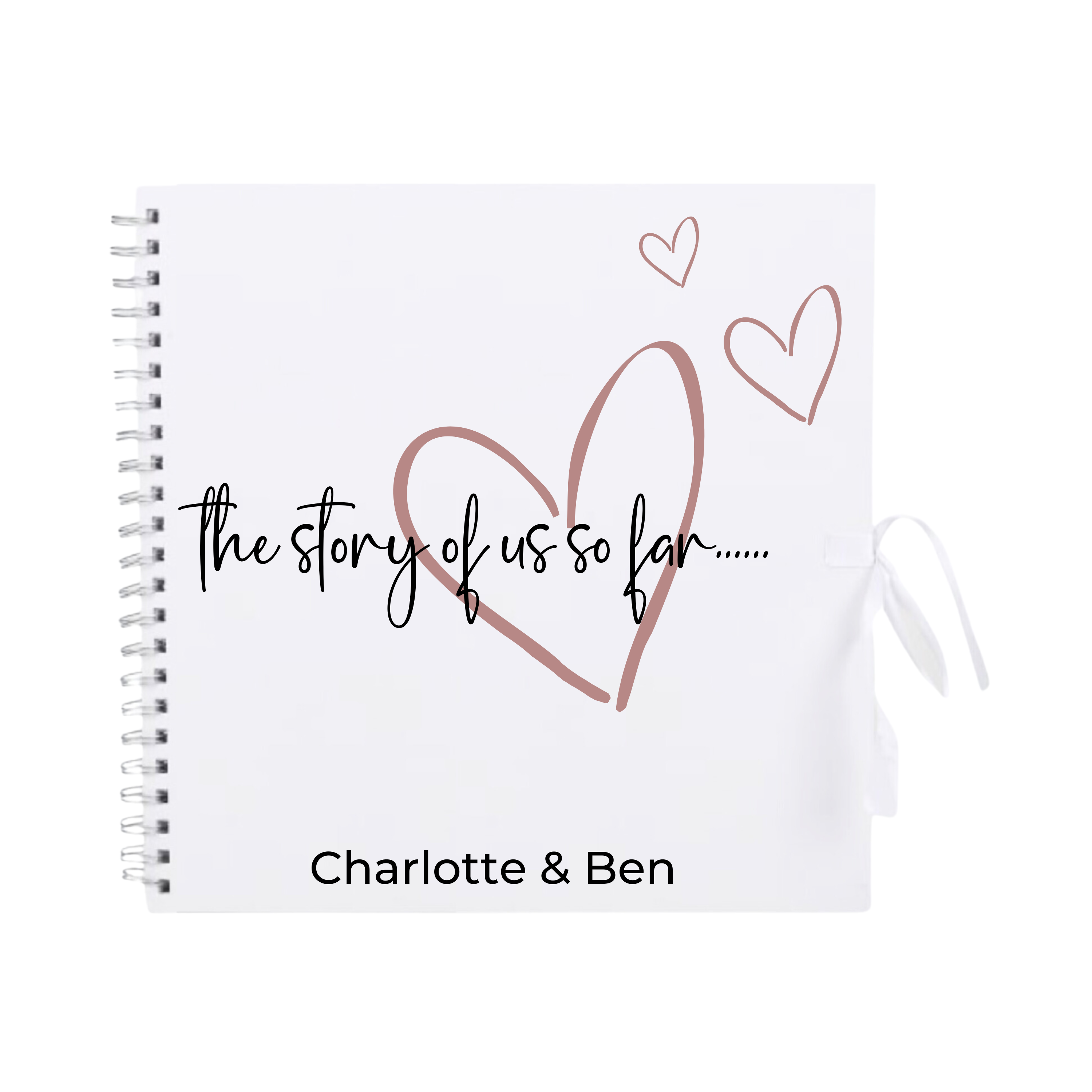 White scrapbook album with rose gold heart illustrations and custom couple name for Valentine's or anniversary