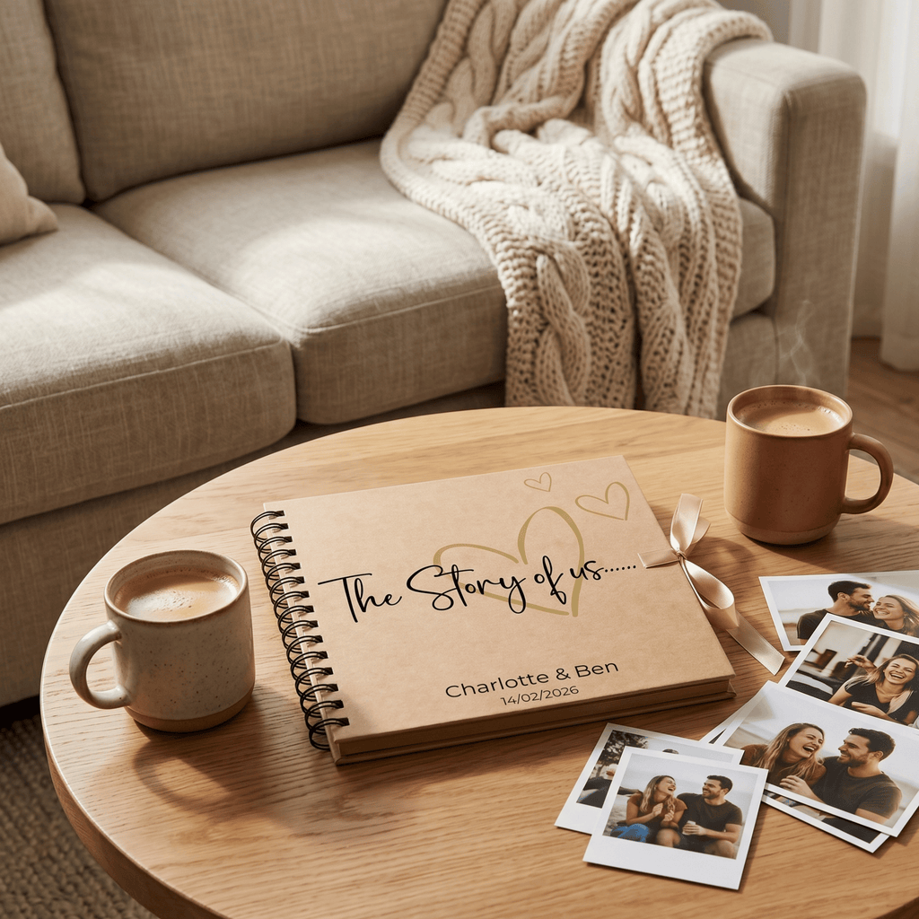 Personalised photo album titled 'The Story of Us' with coffee cups and photos on a wooden table.