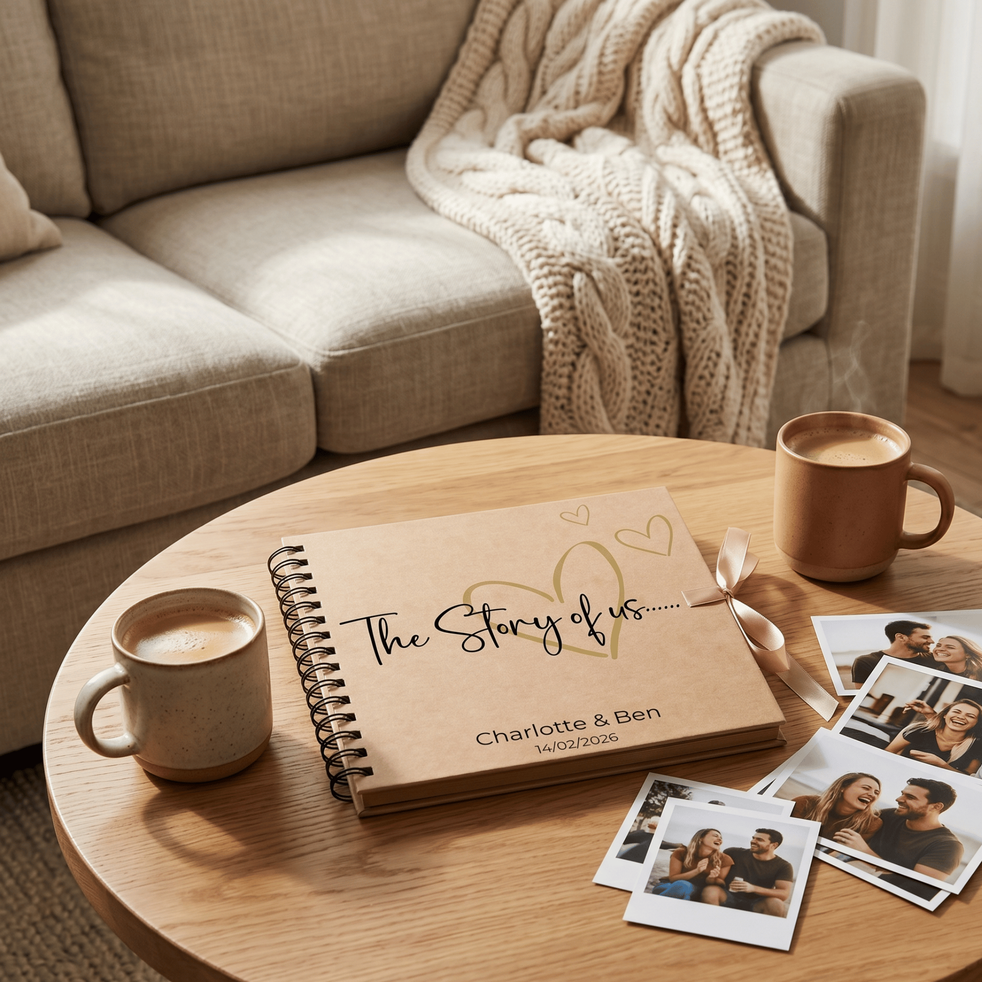 Personalised photo album titled 'The Story of Us' with coffee cups and photos on a wooden table.