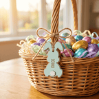 Wicker Easter basket filled with colorful eggs on a wooden table.