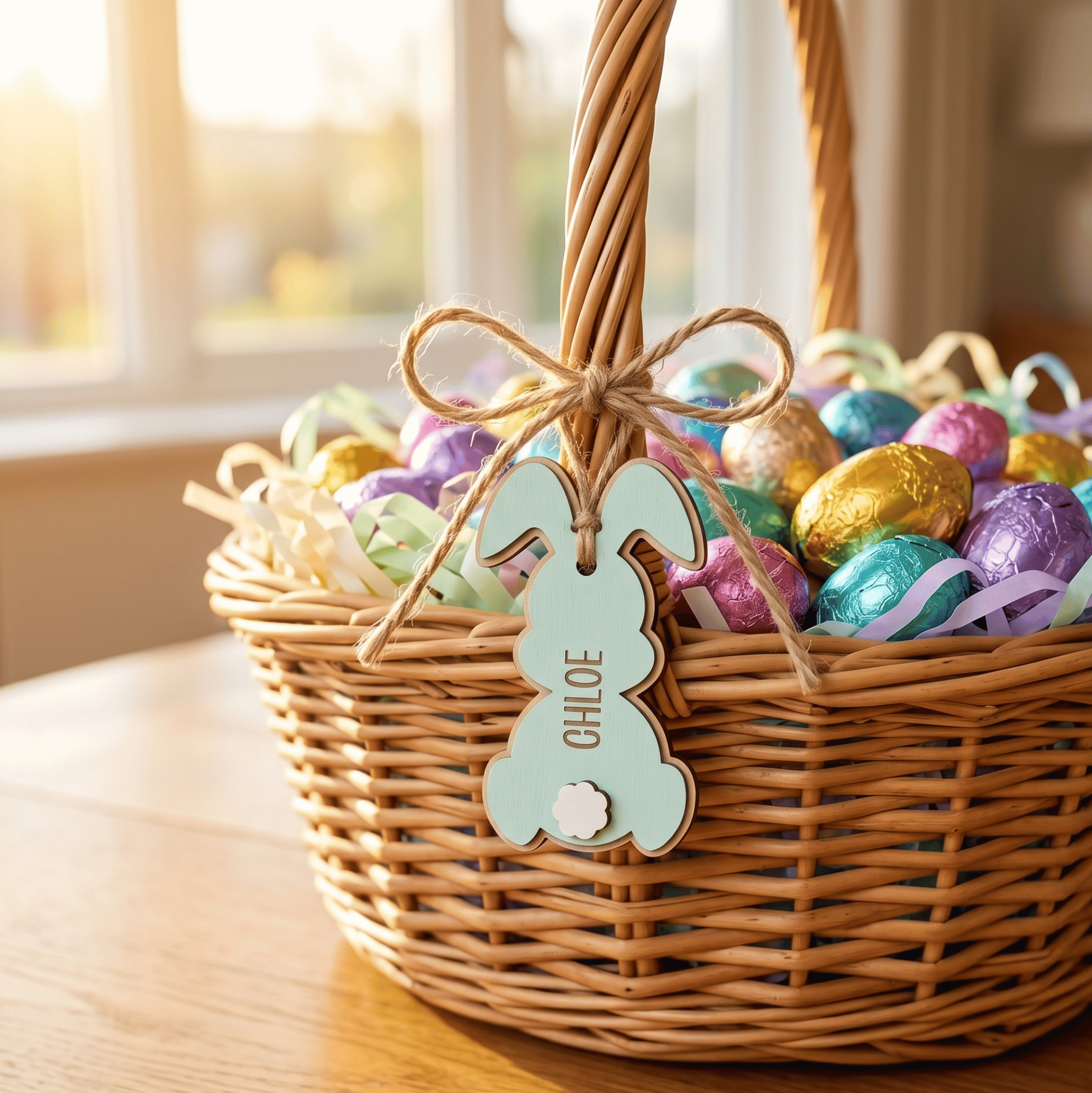 Wicker Easter basket filled with colorful eggs on a wooden table.