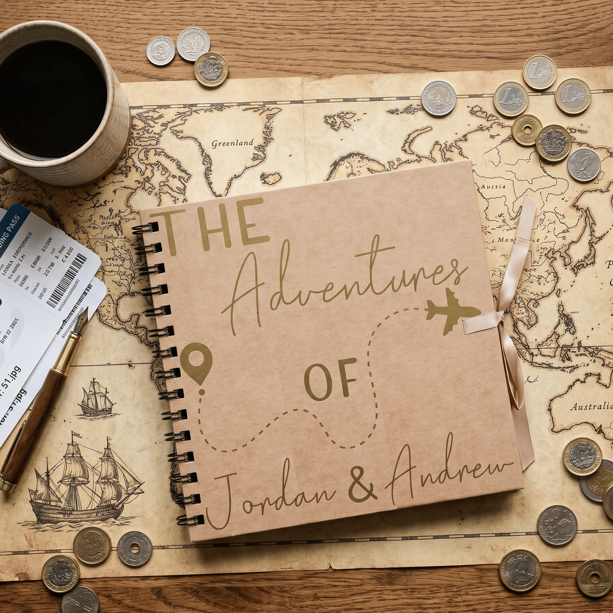 Album titled 'The Adventures of Jordan & Andrew' on a map with coins and a coffee cup.