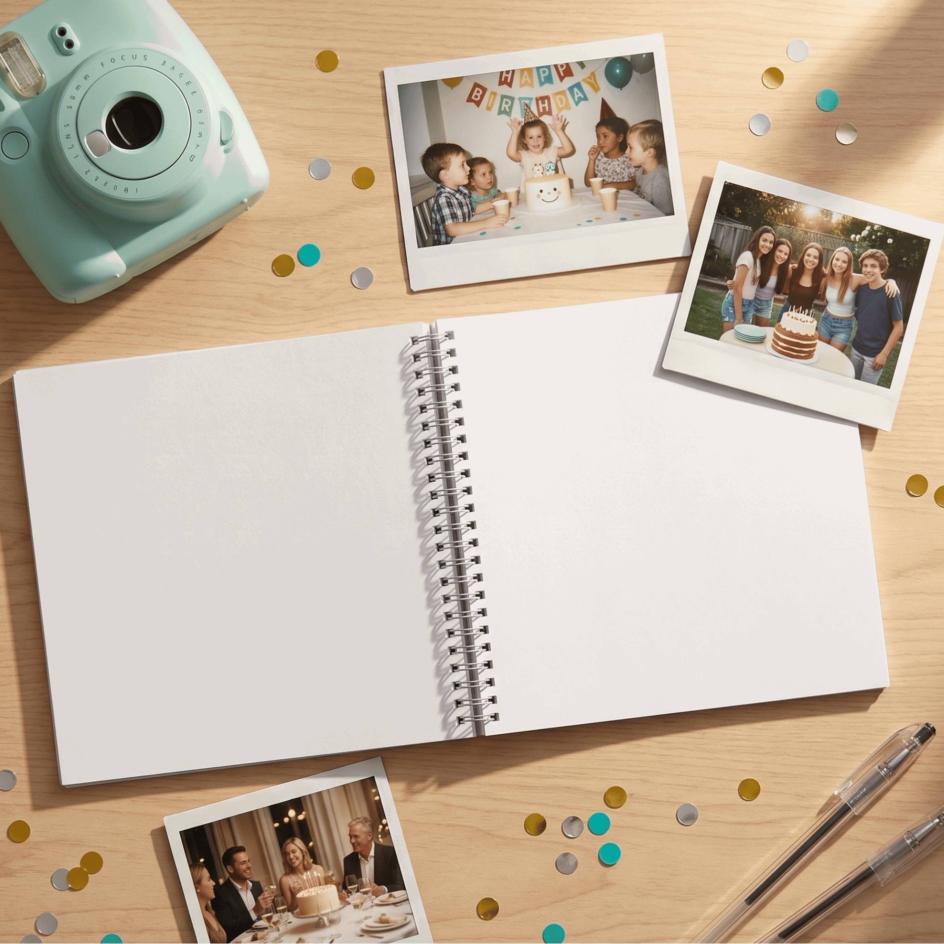 Open album with polaroid photos and a mint green camera on a wooden surface with confetti.
