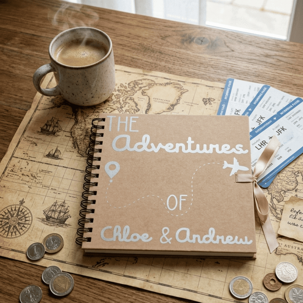 Album titled 'The Adventures of Chloe & Andrew' on a wooden table with a cup of coffee, map, and travel tickets.