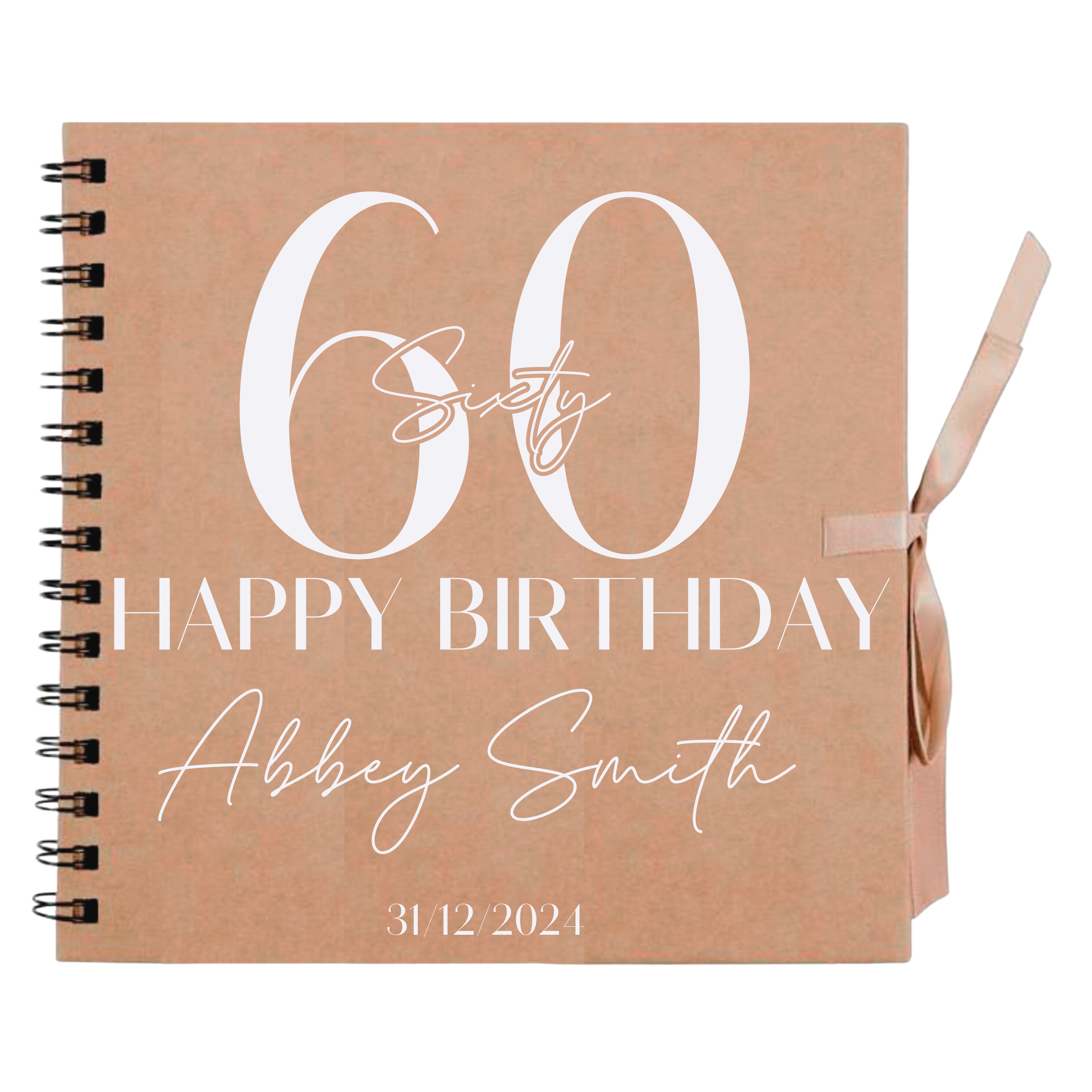 Personalised 60th birthday scrapbook album in kraft cover with white text, name, and date