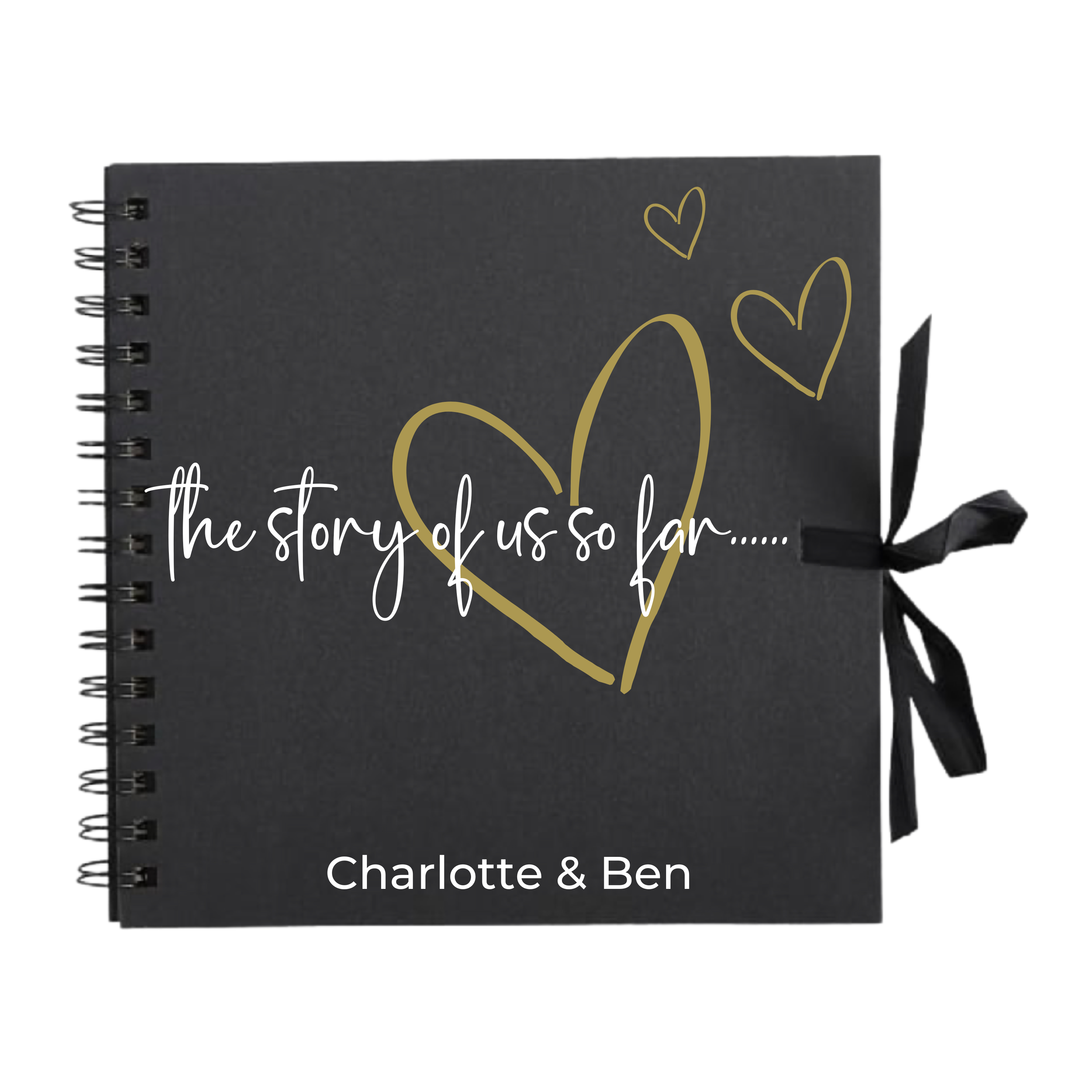 Black personalised photo album with gold hearts and “The story of us” quote – handmade romantic gift
