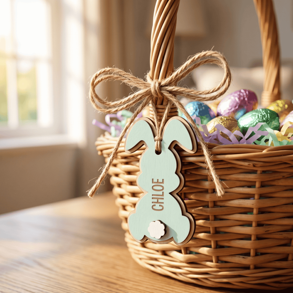 Wicker Easter basket with colorful eggs and a bunny-shaped tag on a wooden table.